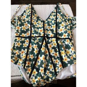 Rissado Tropical Floral One Piece Swimsuit Women XL Green Plumeria